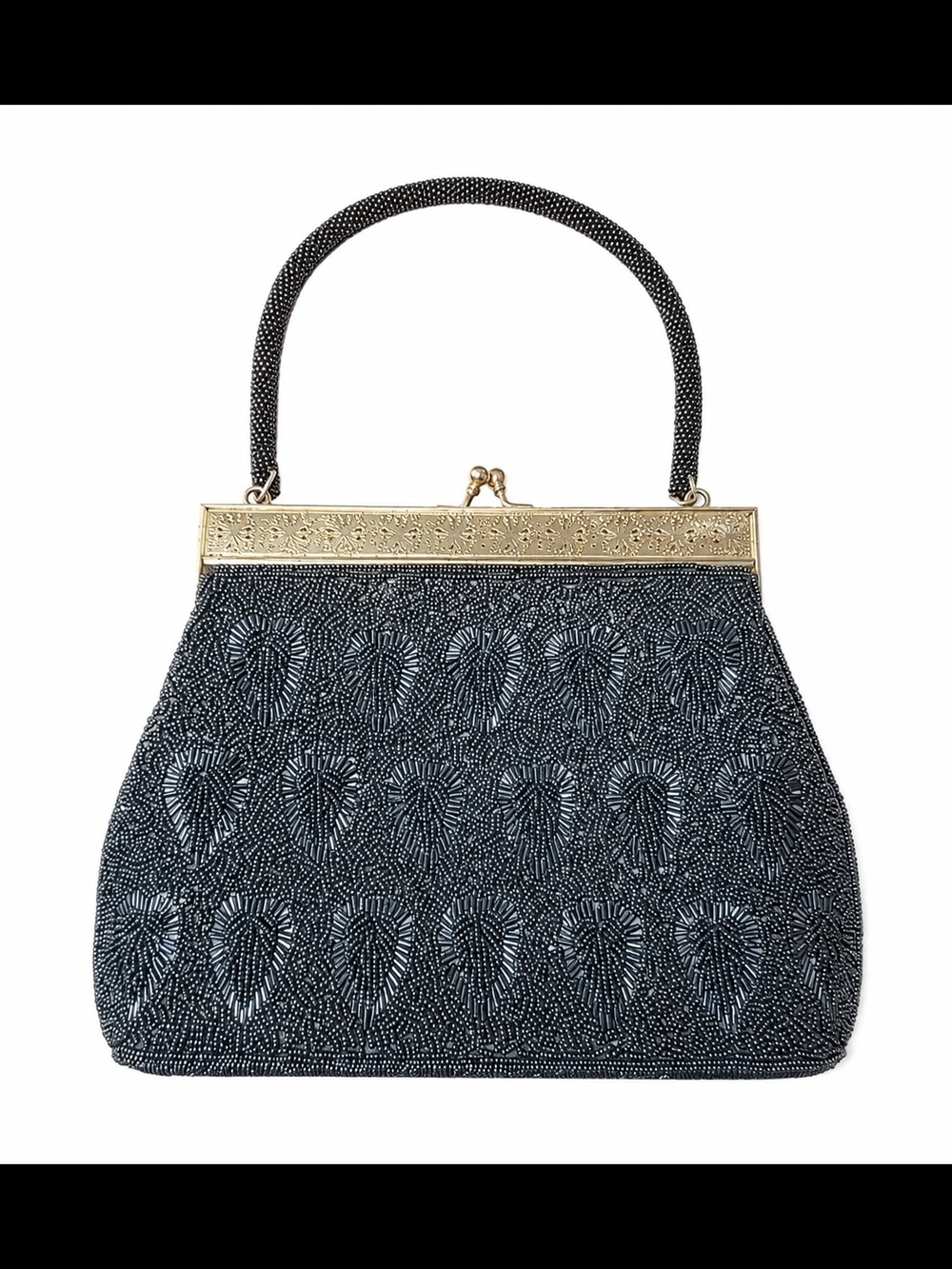 Vintage-Inspired Black Beaded Top-Handle Evening Bag